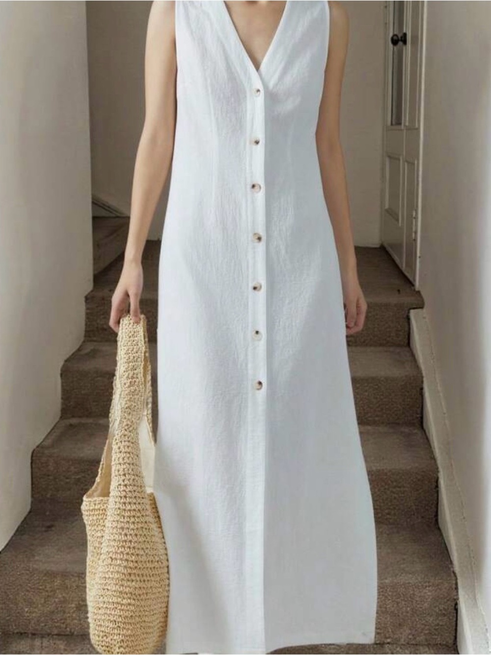 SHEIN White V-Neck Button-Front Maxi Dress